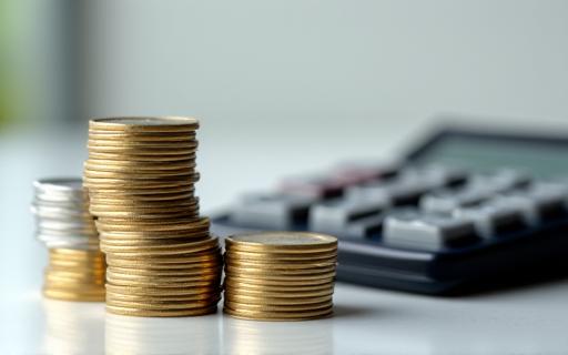 Stapel von Münzen und ein Taschenrechner, die Finanzen symbolisieren.